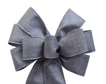Metallic Silver Linen Bow - Christmas Bow - Handmade Bow - Wired Bow - Wreath Bow - Anniversary Bow - Holiday Bow Choose Size