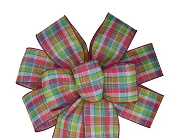 Pink, Lime Green and White Plaid Wired Wreath Bow