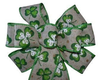 Small 5-6" Wired St. Patrick's Day Shamrock on Natural Linen Wreath Bow