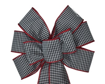 Wired Black and White Plaid with Red Edge Wreath Bow