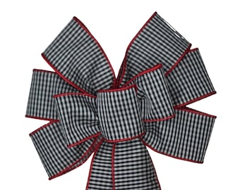 Wired Black and White Plaid with Red Edge Wreath Bow