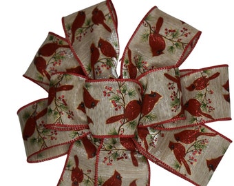 Cardinals on Wood Grain Ribbon Bow - Wired Wreath Bow - Handmade Bow - Christmas Bow - Holiday Bow - Red Bird Bow - Choose Size
