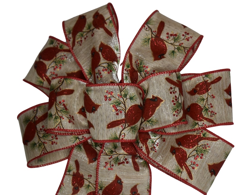 Cardinals on Wood Grain Ribbon Bow Wired Wreath Bow Handmade Bow