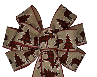 Black and Red Moose and Bear on Linen Ribbon Wired Christmas Bow