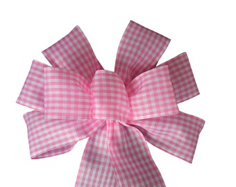 Pink Gingham Bow - Wired Wreath Bow - Handmade Bow - Pink and White Bow - Check Bow - Choose Size