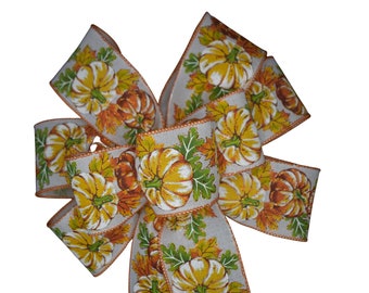 Muted Orange Pumpkins Bow - Handmade Bow - Choose Size - Autumn Bow - Fall Bow - Wired Wreath Bow - Thanksgiving - Linen Bow