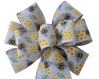 Bee and Honeycomb Bow - Handmade Bow - Linen Bow - Wired Wreath Bow - Summer Bow - Yellow and Black Bow - Choose Size - Home Decor