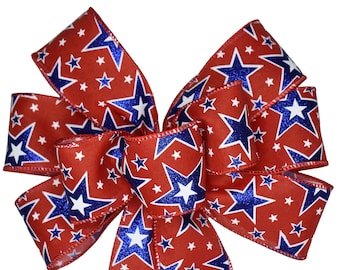 Blue Glitter Stars on Red Linen Ribbon Bow - Patriotic Bow - Handmade Bow - Wired Wreath Bow - Fourth of July Bow - Independence Day -July 4