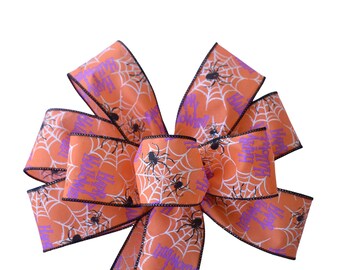 Happy Halloween Spider Web Wired Wreath Bow - Purple and Orange Bow