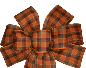 Orange Fall Plaid Bow - Handmade Bow - Wired Wreath Bow - Autumn Bow - Woven Bow