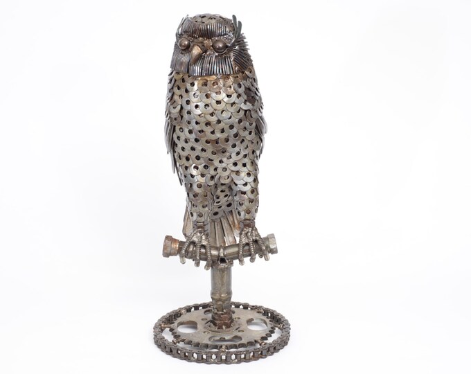 Recycled Metal Barn Owl Sculpture Made Primarily of Washers and Spoon
