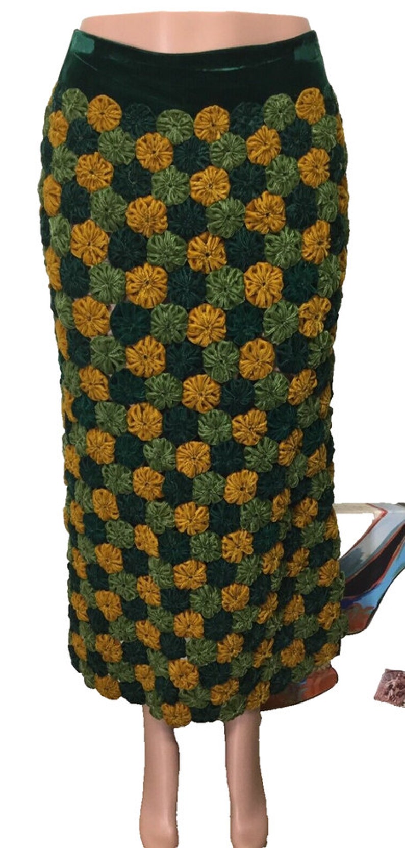 Handmade 60s Vintage Knit Green Boho Skirt sz S image 1