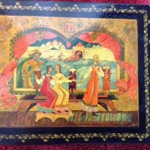Antique Collectors Russian Hand Painted Black Lacquer Story Box Foklore