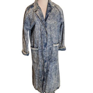 Vintage 80s 90s Women&#39;s Denim Trench Coat Long Acid Wash Denim Coat Blue Sz M/L