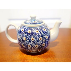 Williams Sonoma Grand Cuisine Vintage Hand Painted Polish Pottery Blue Hand Painted Teapot