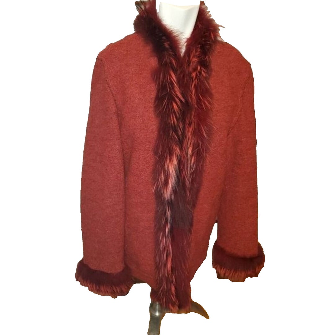 Hilary Radley Red Virgin Wool Car Coat/sweater With Rabbit Fur Etsy