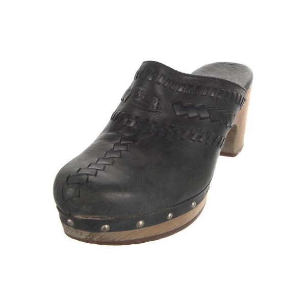 UGG Viveca Heeled Clog Whipstitch Leder Shearling Nietenschuh-Pantoletten Schwarz 10