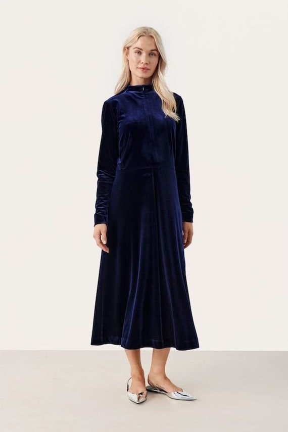 Victor Costa Vintage 80s 90s Velvet Dolman Sleeve Swing Dress Royal Blue sz L-XL