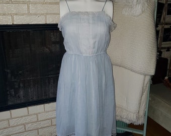 Gunne Sax Vintage Light Blue 70's Light Gauzy Beachy Lace/Pearl Trimmed Dress XS