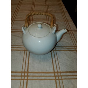 Pottery Barn Service for 2 White Porcelain teapot with Bamboo Cane Handle
