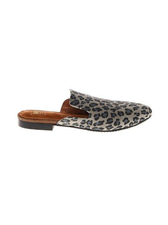 Mark Jenkins Leather Leopard Print Slide Mules Gray Sz 37/7
