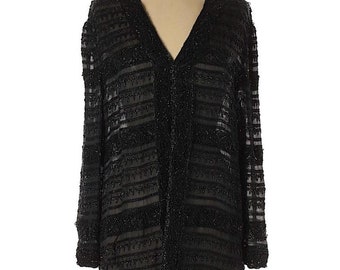 Oleg Cassini Black Tie Vintage Beaded Silk Chiffon Jacket sz L
