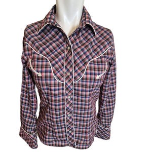 Style western vintage des années 70 avec boutons-pression nacré Plaid rouge bleu sz S