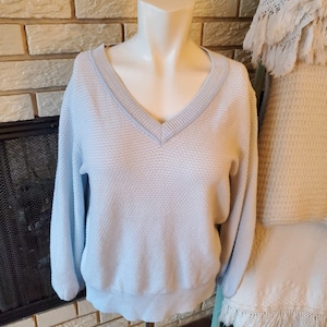 Design History Light Blue Pointelle Textured Poet Sleeve Cotton Sweater L