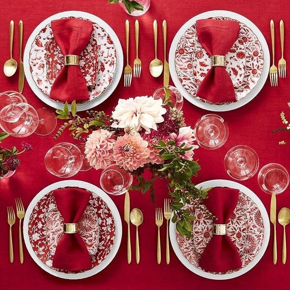 Williams Sonoma Red 100% Linen Hemstitch Rectangle Tablecloth 4