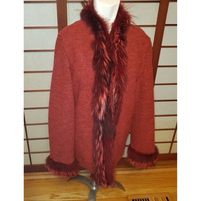 Hilary Radley Red Virgin Wool Car Coat/sweater With Rabbit Fur Etsy