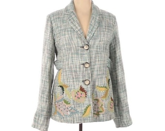 Kenzie Tweed Floral bestickte Manteljacke Frühlingsjacke Aqua/pink/gelb Gr. 14
