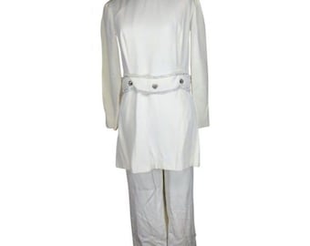 Jeremy 1960s Ivory Mod Rhinestone 2 piece dress Tunic Pants suit formal Pantsuit