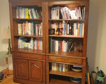 Hammary Vintage mid Century Solid Oak Wood Lighted 7foot tall Library Book Shelves w/ outlets