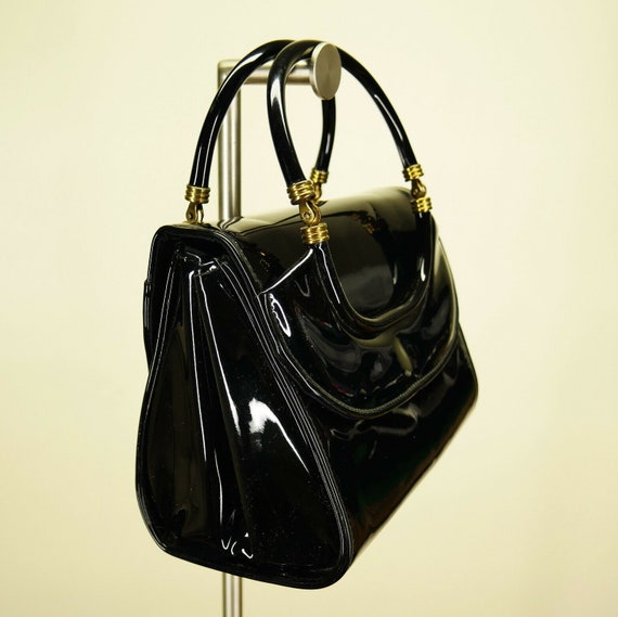 Delicato by Markay Vintage Black Patent Leather Handbag Purse