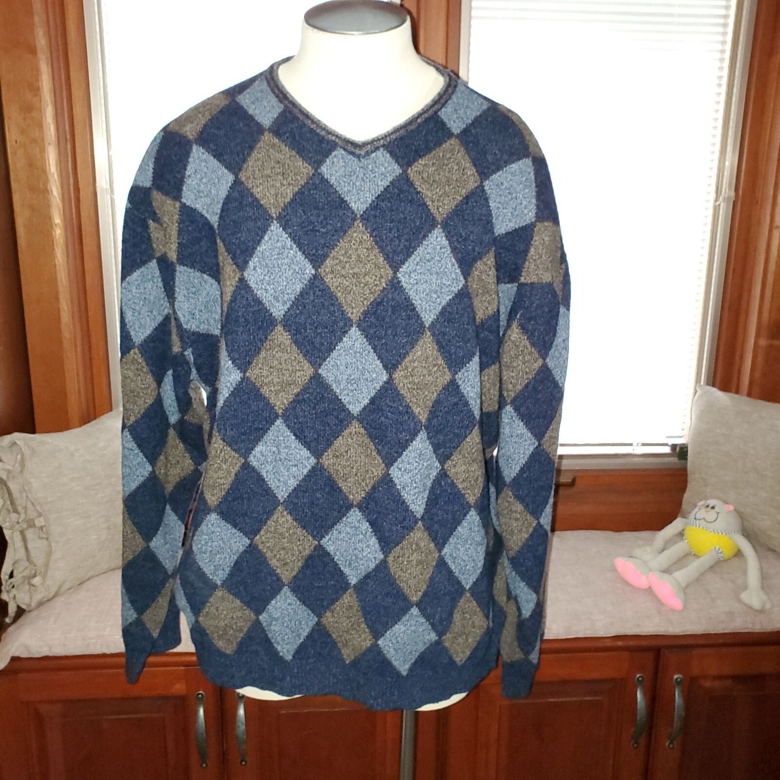 Joseph Abboud Blue/tan 100% Lambswool Argyle Sweater XL - Etsy Israel