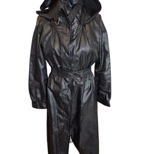 Furrina Vintage 60s 70s Trench Coat Mid Length Hooded Rain Jacket Black Sz XS/S