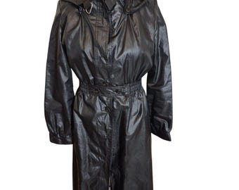 Furrina Vintage 60s 70s Trench Coat Mid Length Hooded Rain Jacket Black Sz XS/S