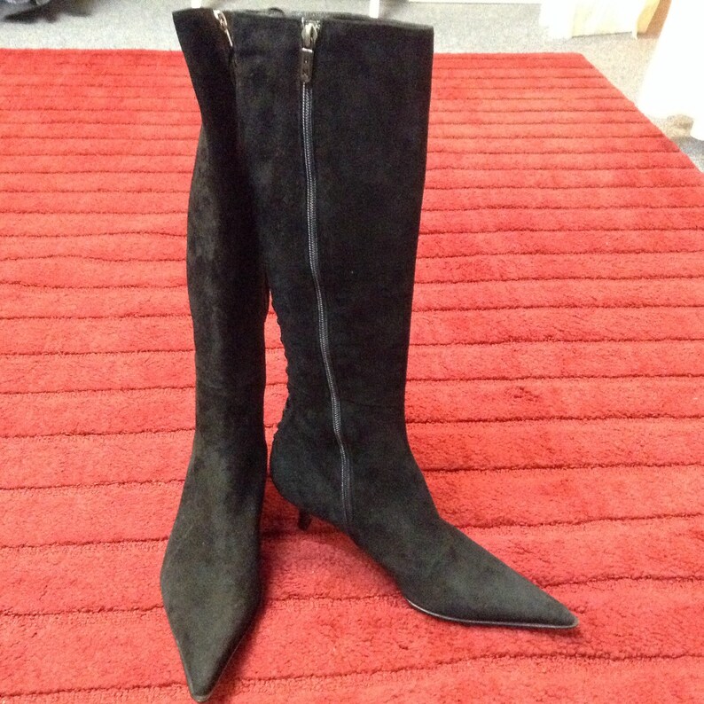 Helen Marlen Italy Black Suede Kitten Heel Satin Tie Knee High Etsy