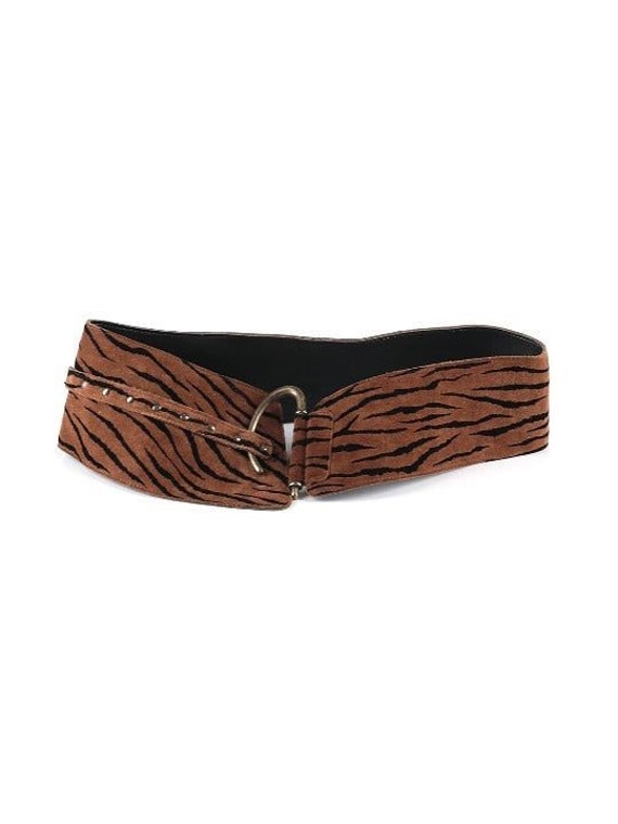 Vintage Italy Tiger Wide Leather Belt Brown Black… - image 2