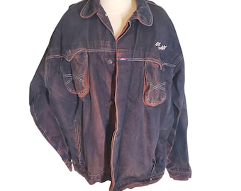 Willie+Esco DUNS Mens Vintage Denim Jacket Steetwear Black Red Sz XXL