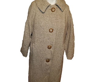 May include: A long, beige tweed coat with a collar and five brown buttons. The coat is on a white background.