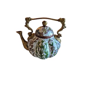 Vintage Cloisonne Enamel Teapot with Lid and Gold Handle Floral White Gold Blue