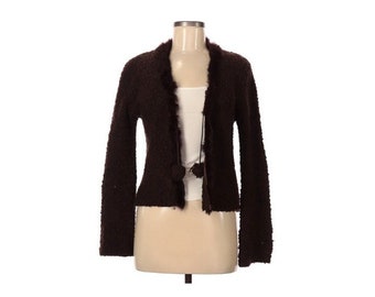 Essex Brown Rabbit Fur Trim Boucle Wool Blend Cardigan Sweater