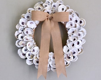 Large Oyster Shell Wreath Front Door, Coastal Burlap Bow, Beach Fall Decor, Nautical Wreath, Wall Decor,