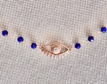 Dainty Lapis Lazuli Necklace, Lapis Evil Eye Pendant Necklace, Beaded Lapis Necklace, Gift For Her Jewelry, Blue Gemstone Necklace