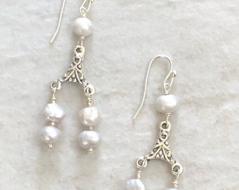 Dangle Silver Earrings, Circular Dangle Drop Earrings, Fashion Earrings, Pearl Dangle Earrings, Simple Silver Dangle Pearl Earrings