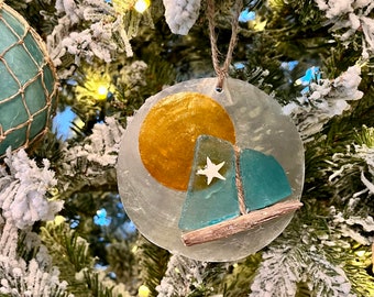 Beach Christmas Ornaments, Seaglass Ornaments, Sail Boat Ornament, Sea Shell Ornaments, Elegant Coastal Ornaments, Beach Tree Ornaments