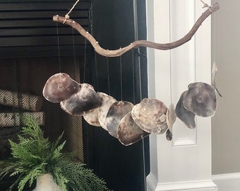 Seashell Wind Chimes, Beach Decor, Beach Wall Art, Coastal Decor, Clam Shell Mobile, Shell Mobile, Beach Wind Chime, Shell & Driftwood