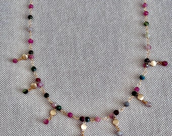 Dainty Dangle Rainbow Tourmaline Necklace, Beaded Dangle Gold Necklace, Women’s Necklace, Gemstone Necklace, Simple Dainty Fashion Jewelry