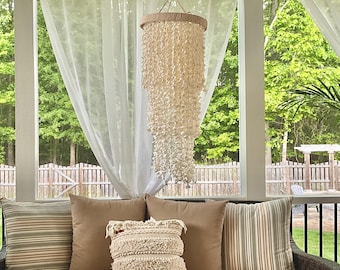 Tiny Shell Chandelier, Beach Home Decor, Triple Layer Shell Mobile, Circular White Shell Mobile, Beach Patio Shell Mobile, Coastal Decor